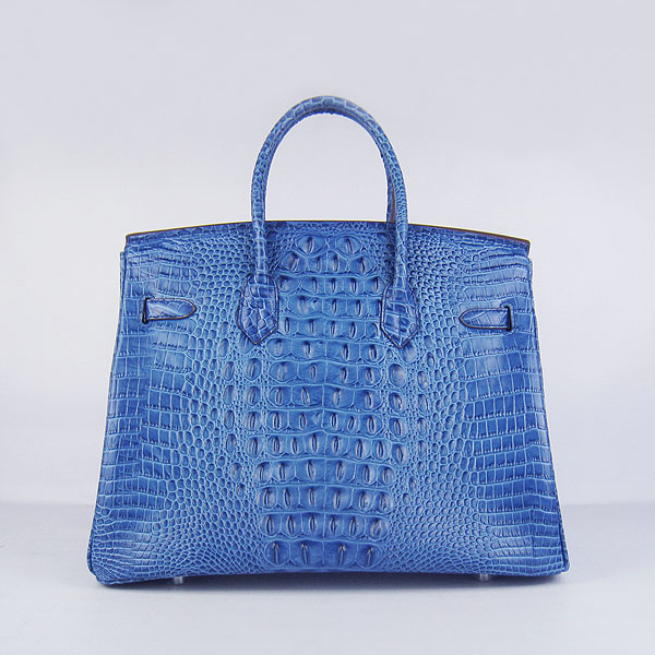 High Quality Fake Hermes Birkin 35CM Crocodile Head Veins Leather Bag Dark Blue 6089